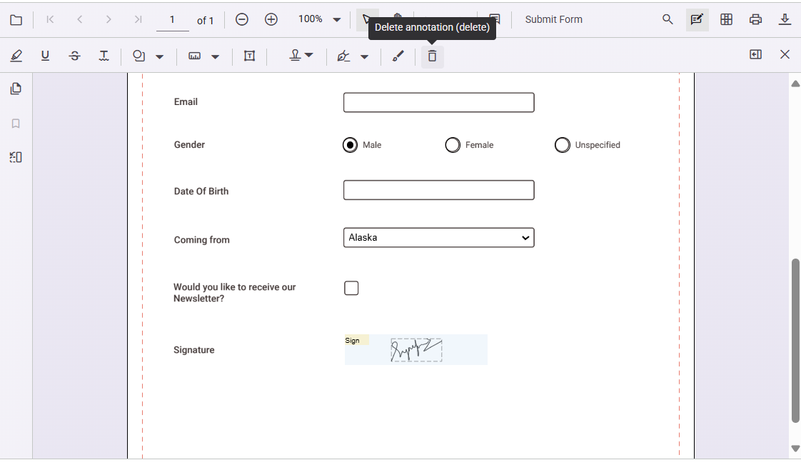 Deleting a signature in Angular PDF Viewer