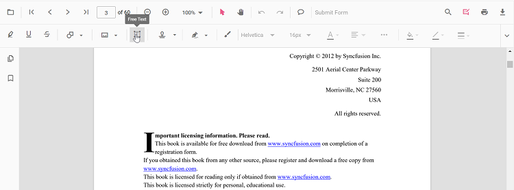 Free text tool in the annotation toolbar
