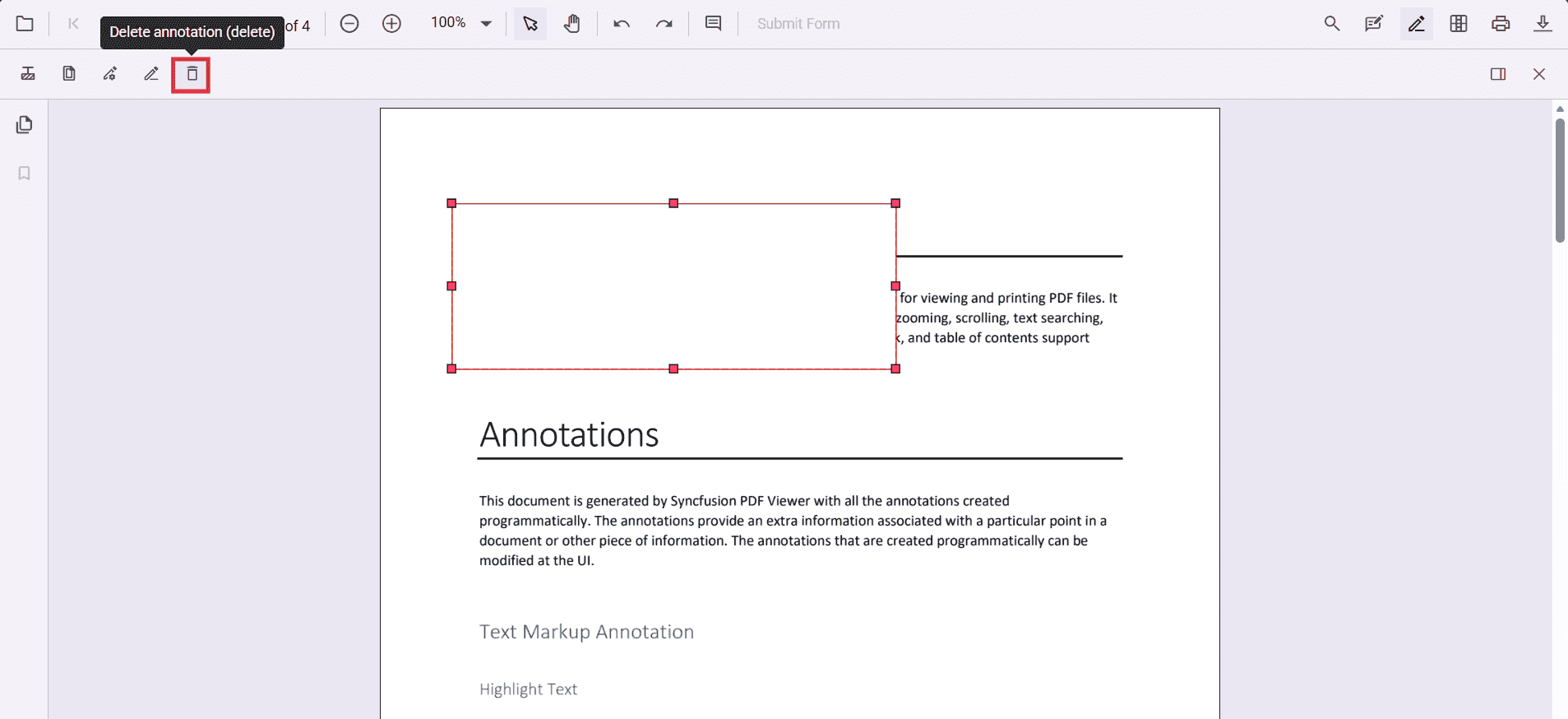 Toolbar delete icon for redaction