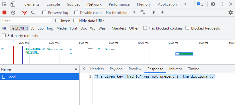 Developer tools Network tab displaying failed requests