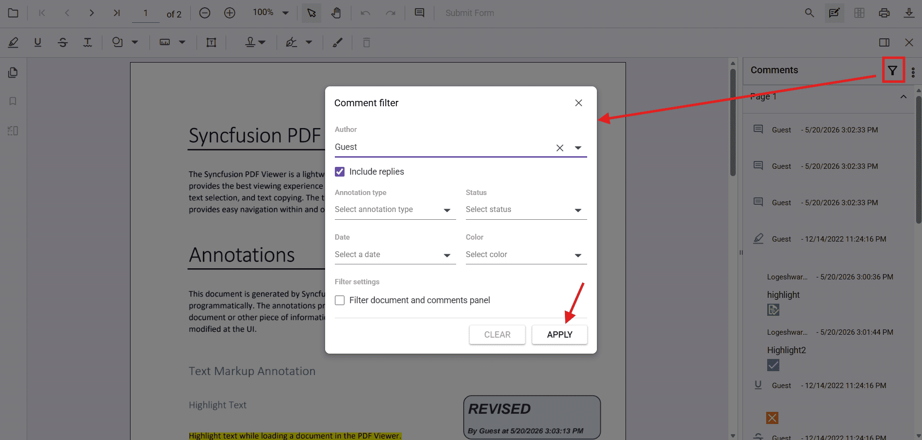 Annotation Filter Options