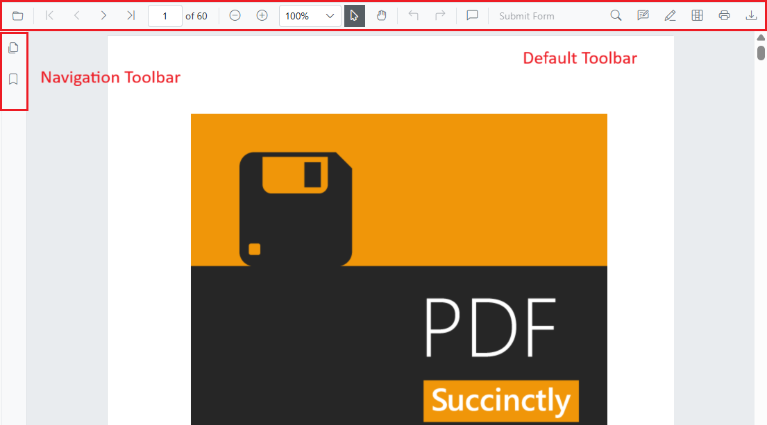 ASP.NET MVC PDF Viewer primary toolbar with customized items