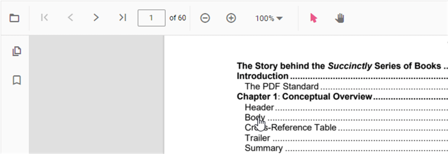 Table of contents panel in the PDF Viewer
