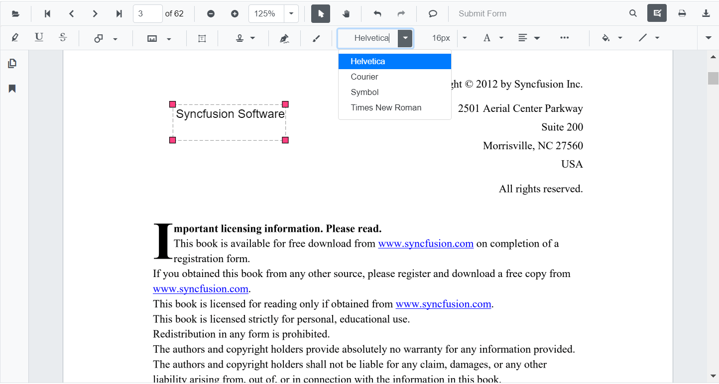 Editing Font Family of Blazor SfPdfViewer Text