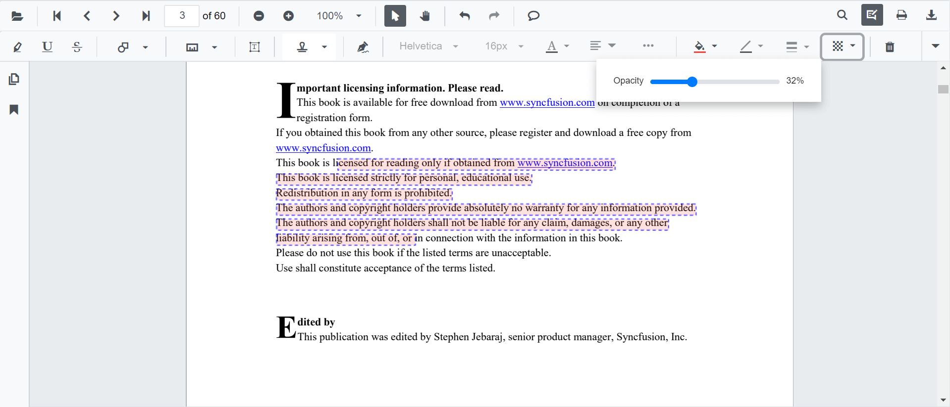 Editing Text Opacity in Blazor SfPdfViewer