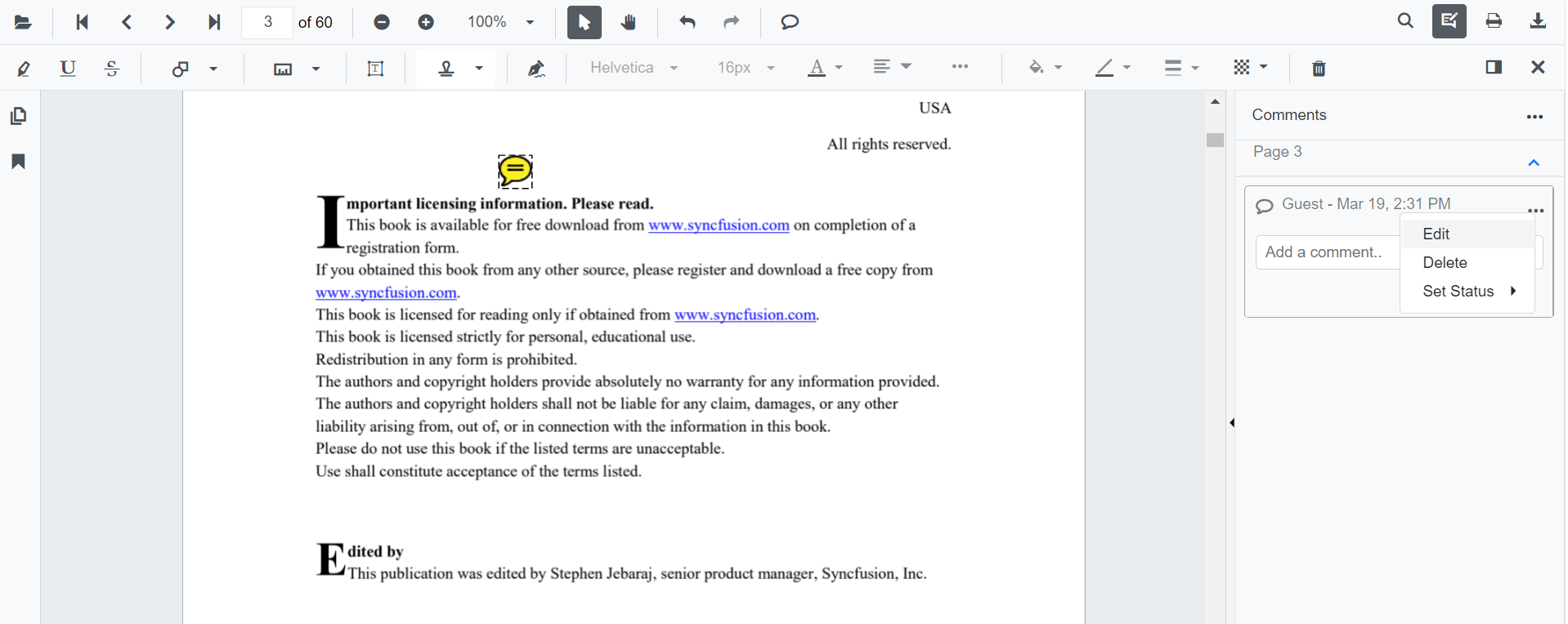 StickyNotes Editing in Blazor SfPdfViewer