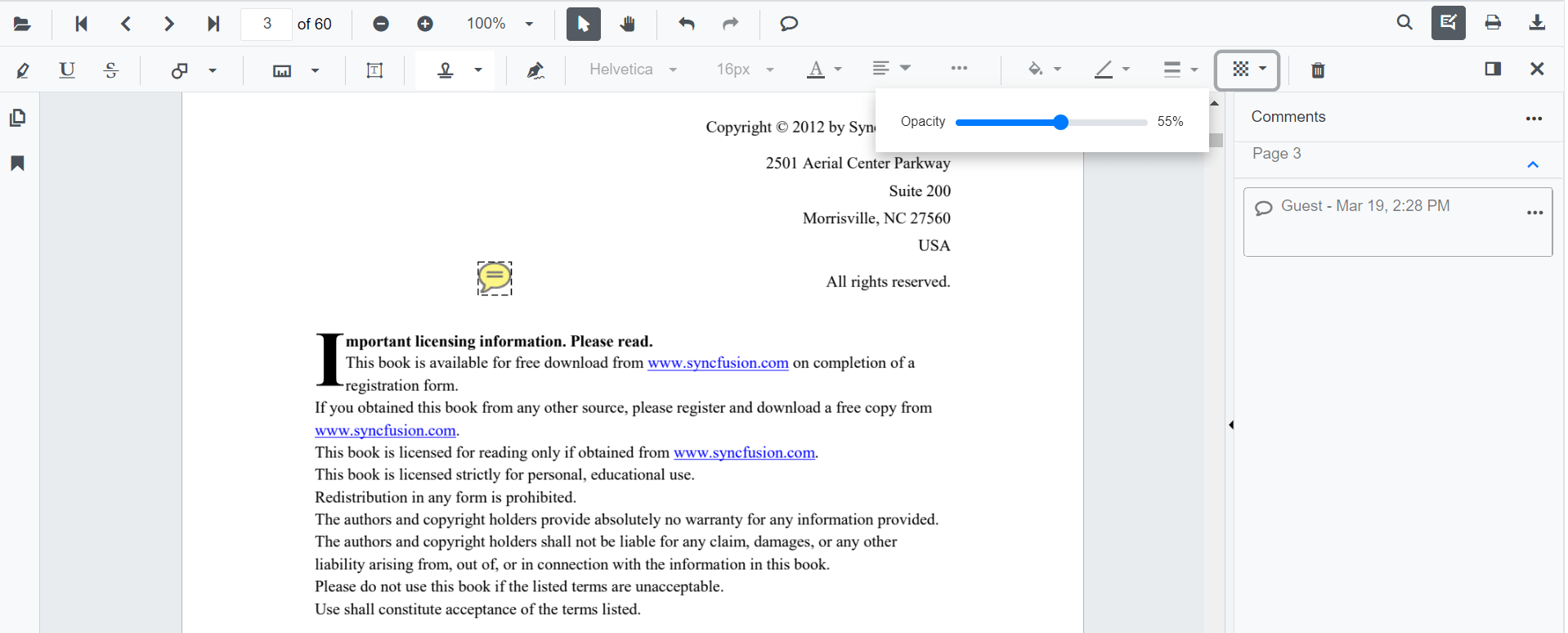 StickyNotes Opacity in Blazor SfPdfViewer