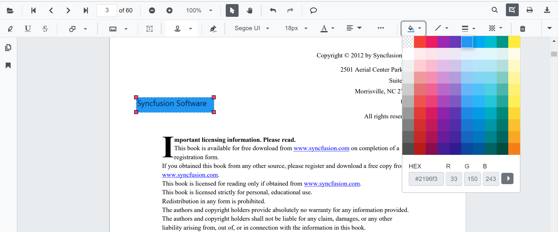 Editing Fill Color in Blazor SfPdfViewer Text
