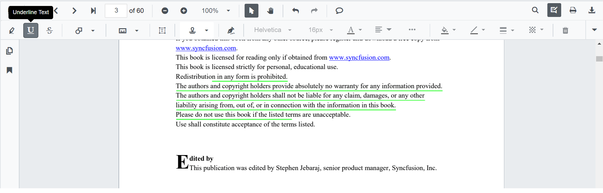 Blazor SfPdfViewer with Underline Text