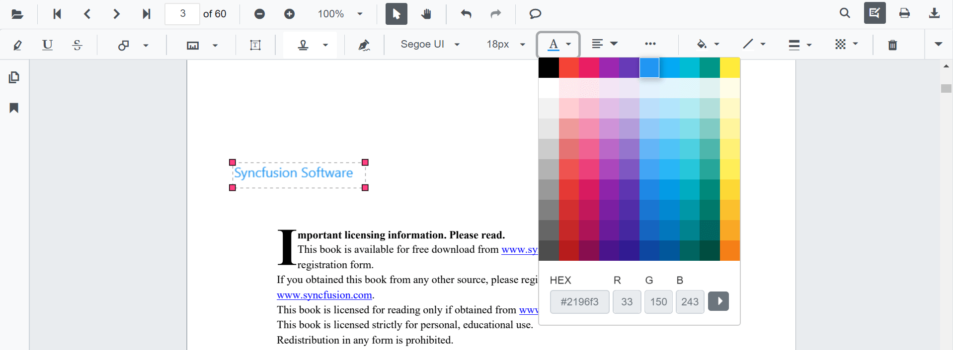 Editing Font Color of Blazor SfPdfViewer Text