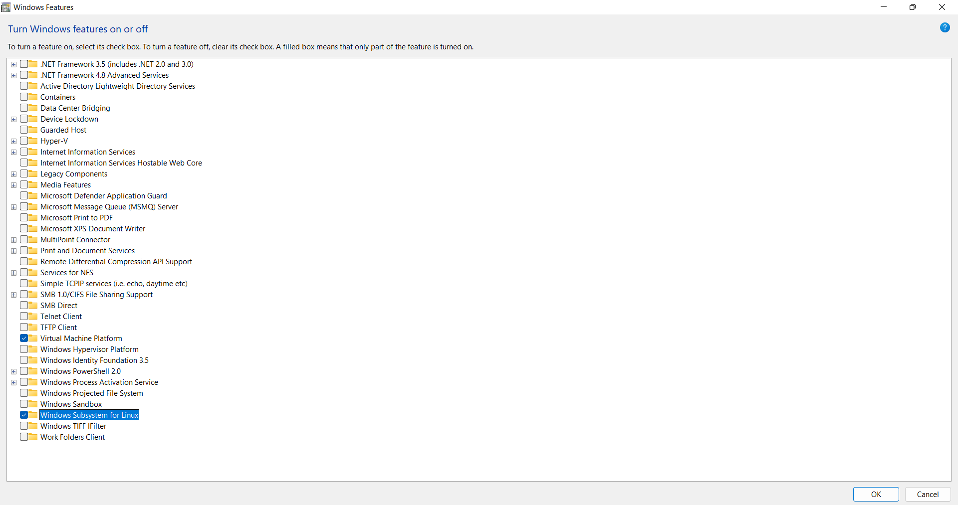 Windows Features dialog with WSL and Virtual Machine Platform enabled