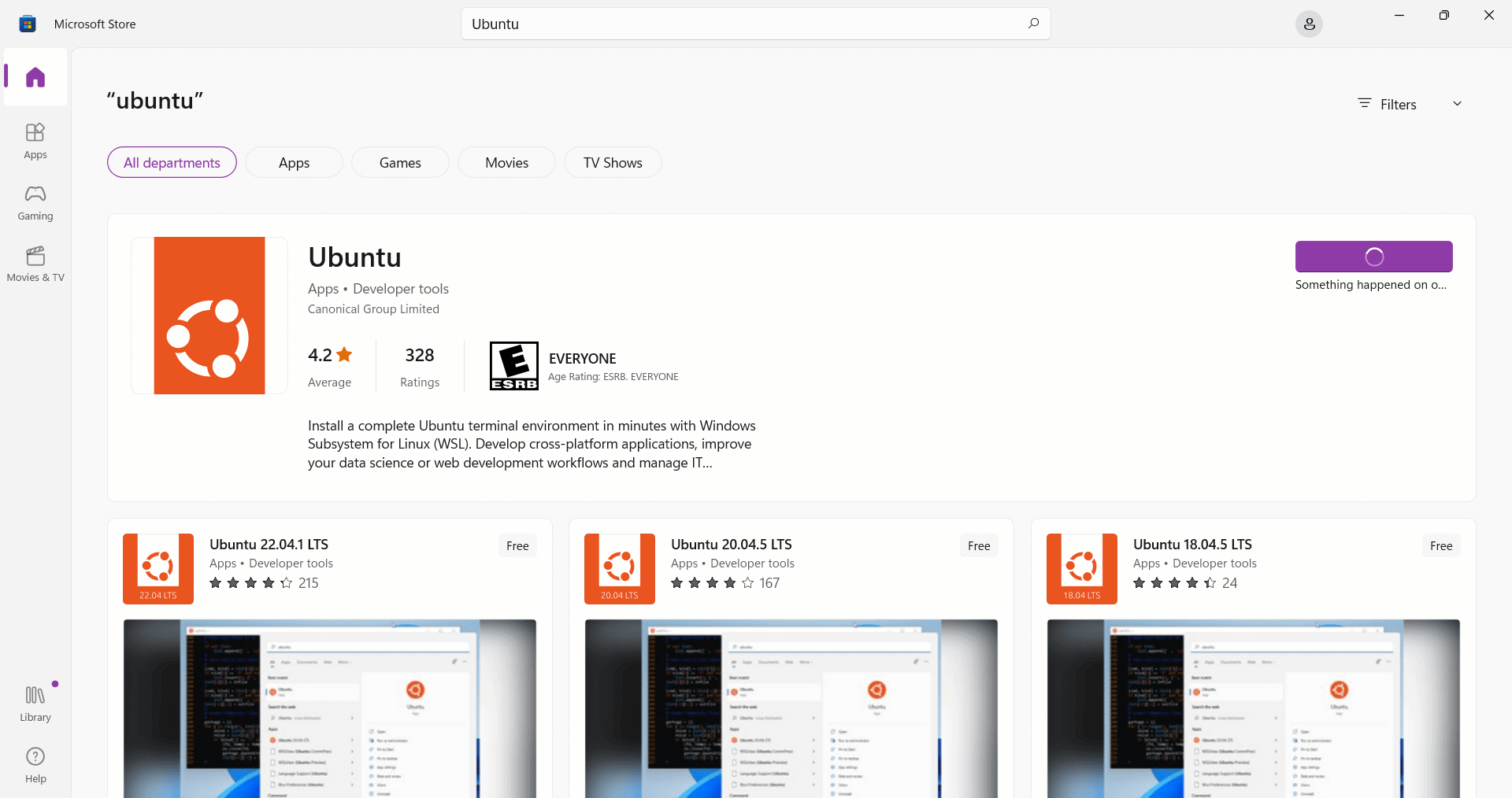 Ubuntu install page in Microsoft Store