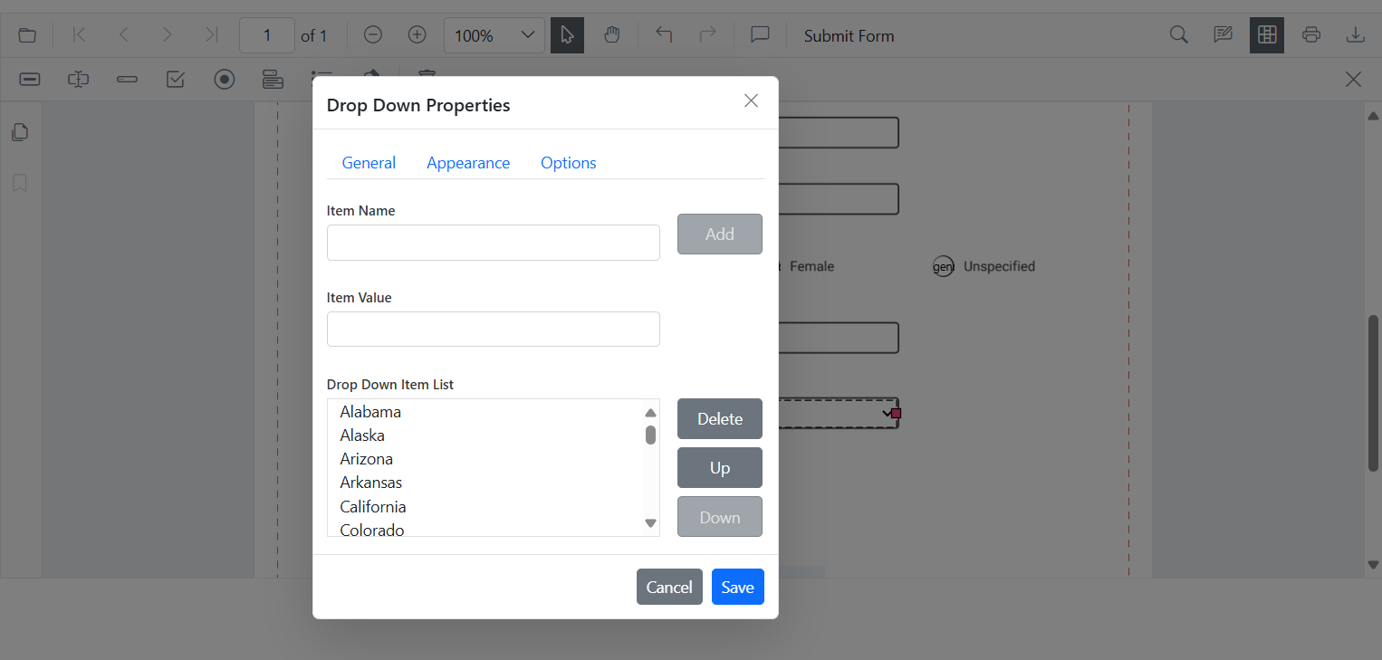 Edit Properties in Dropdown field