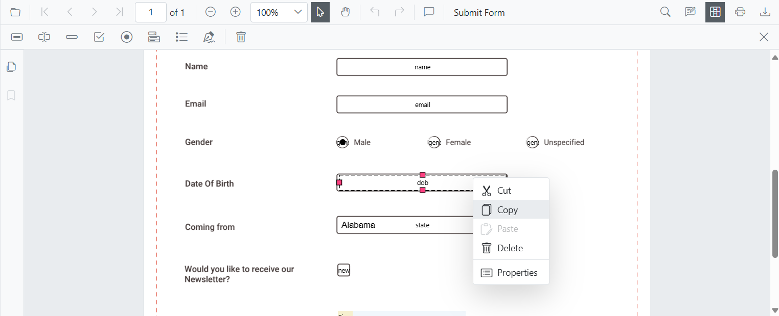Form Field Operations through Context Menu