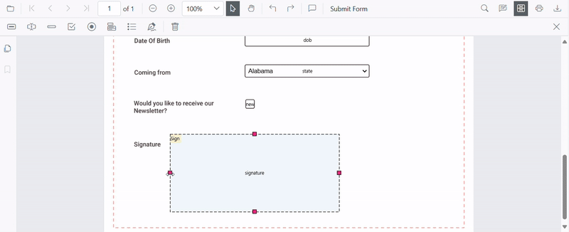 Resizing Form Fields in Form designer in SfPdfViewer
