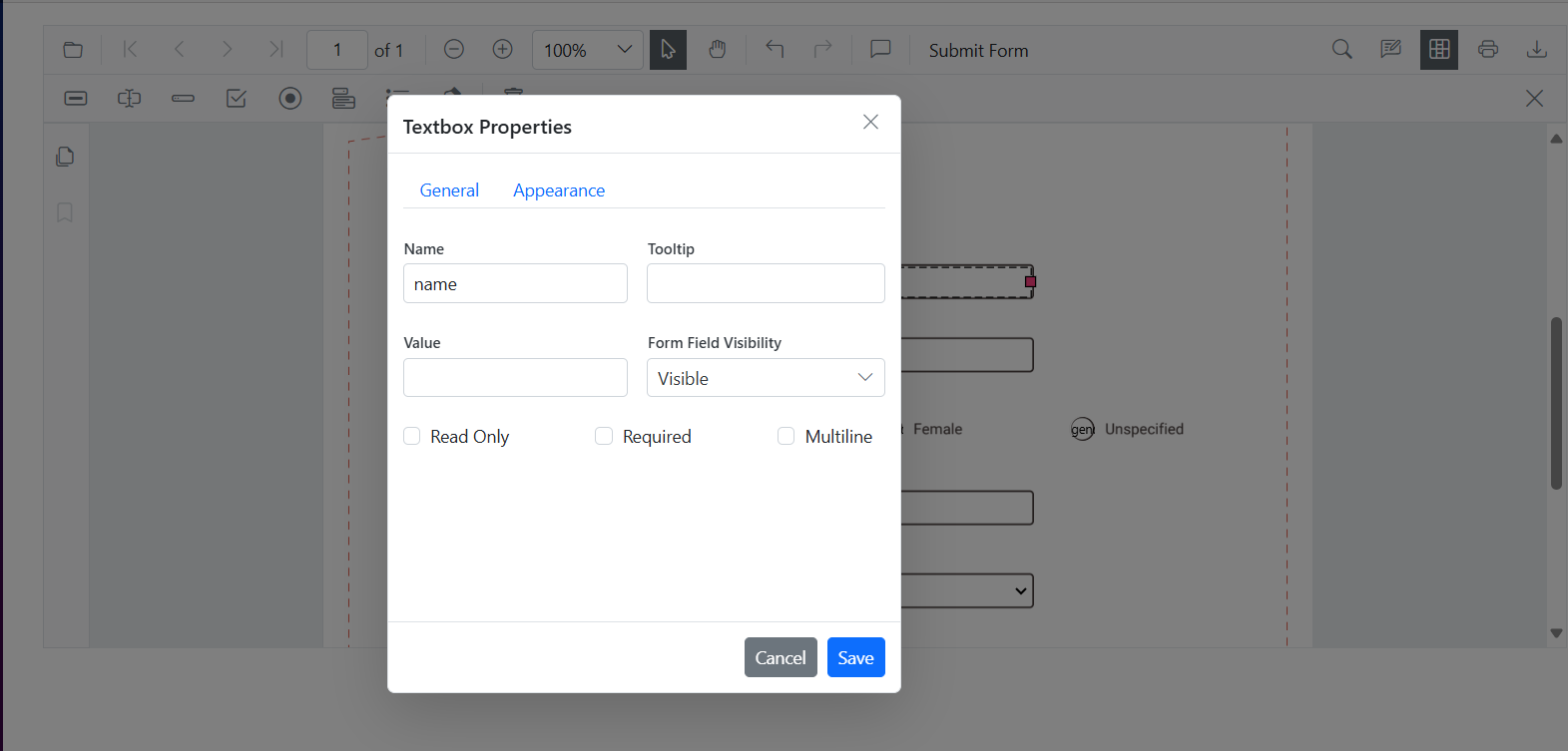 Edit Properties in Textbox field