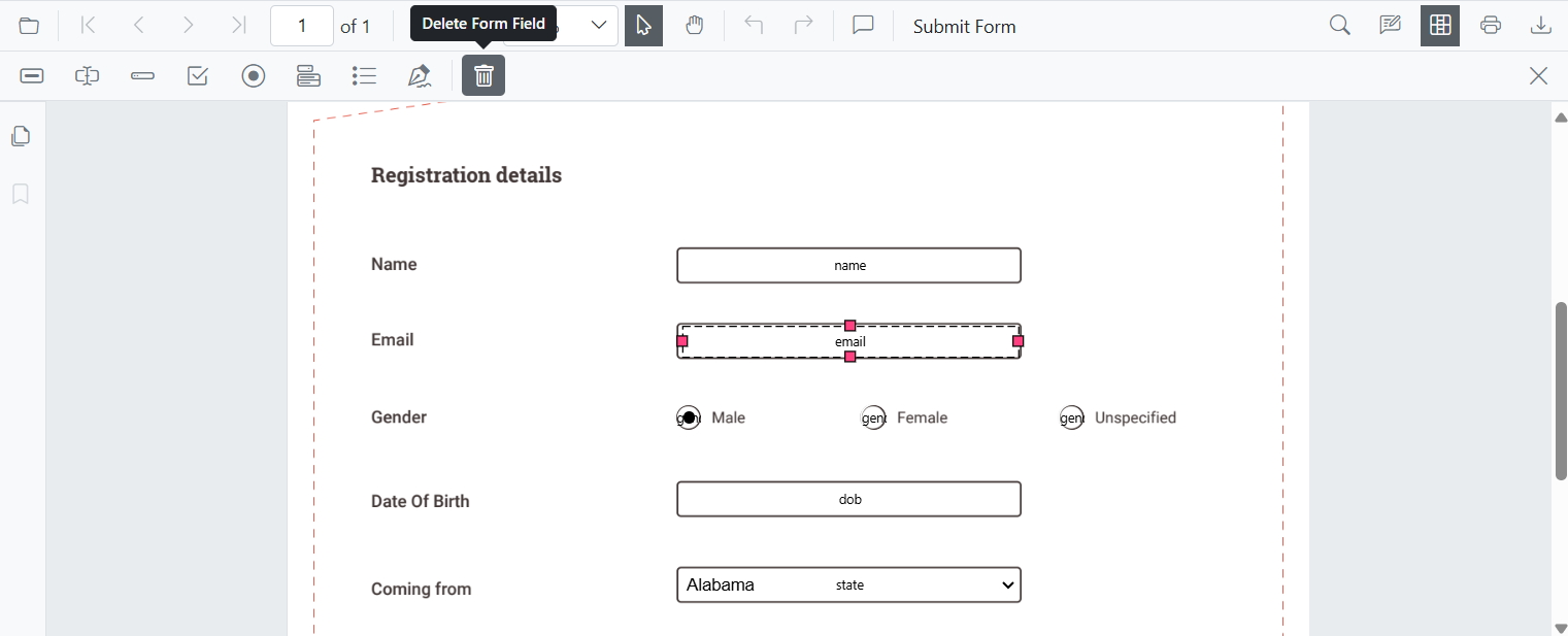 Delete form field icon in the Blazor Form Designer toolbar