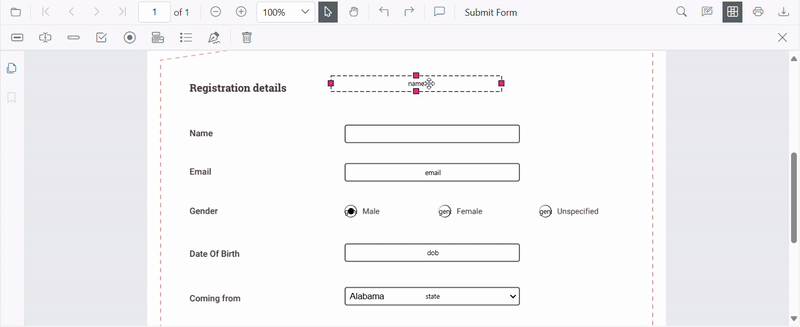Moving a form field using the Form Designer UI