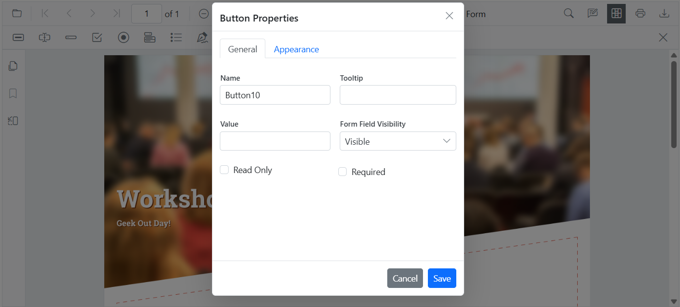 Button properties panel showing label and appearance settings