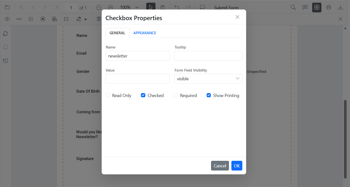 CheckBox properties panel showing checked state