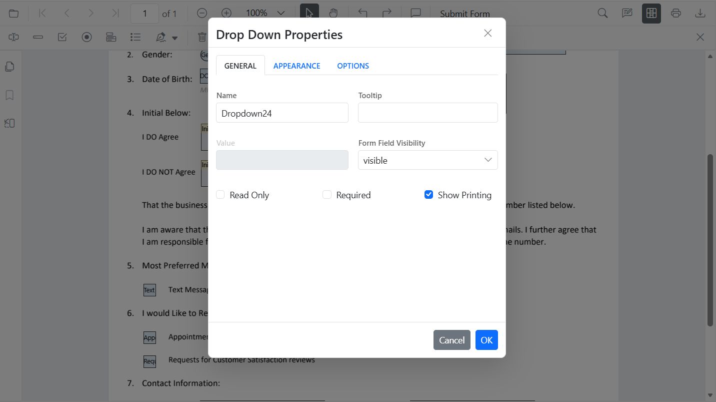 DropDown properties panel showing list items and default value