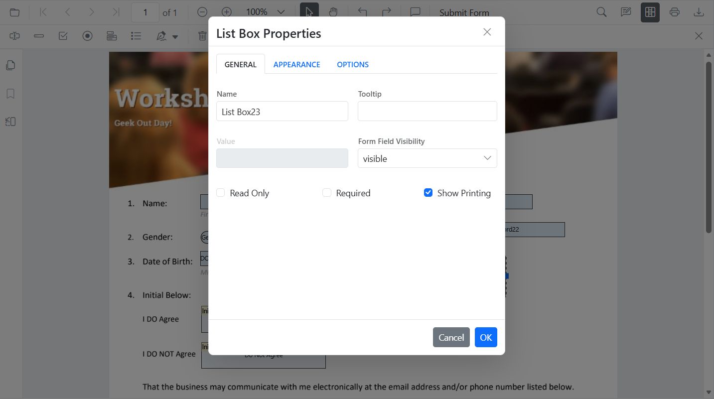 ListBox properties panel showing items and selection