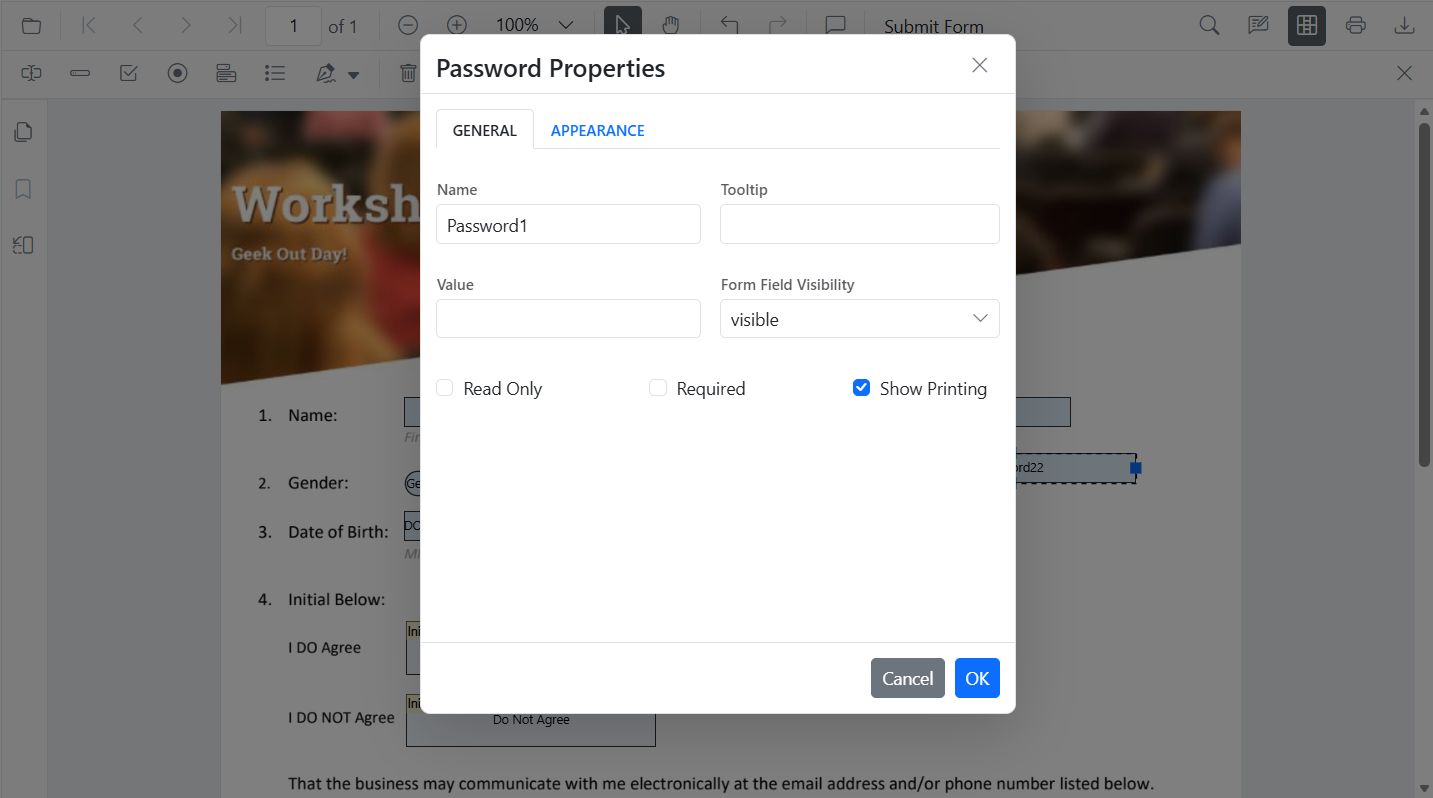 Password properties panel showing tooltip and validation settings