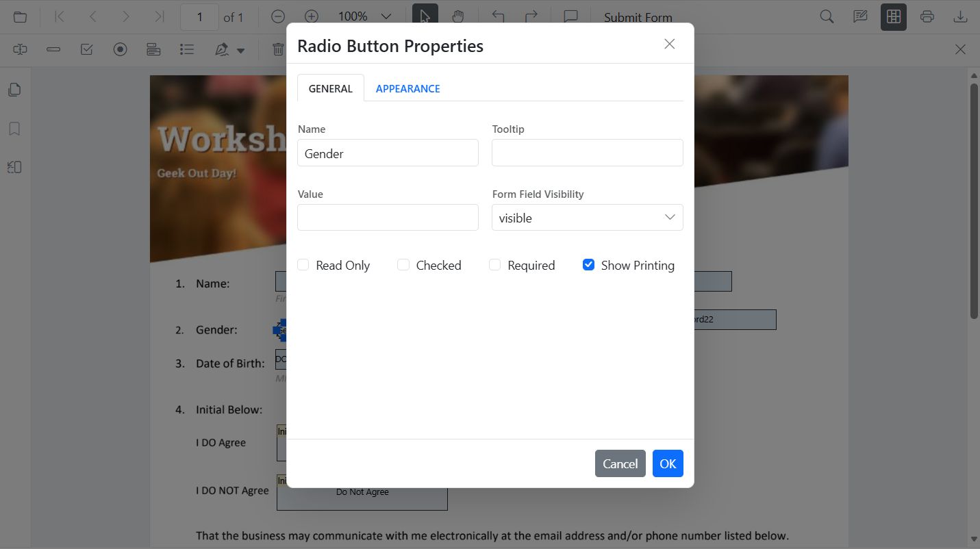 RadioButton properties panel showing grouped options