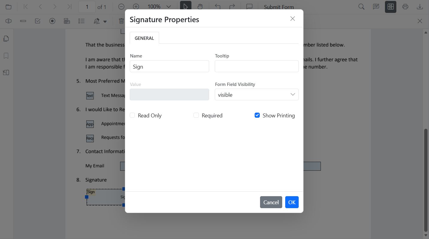 Signature field properties panel showing indicator and appearance