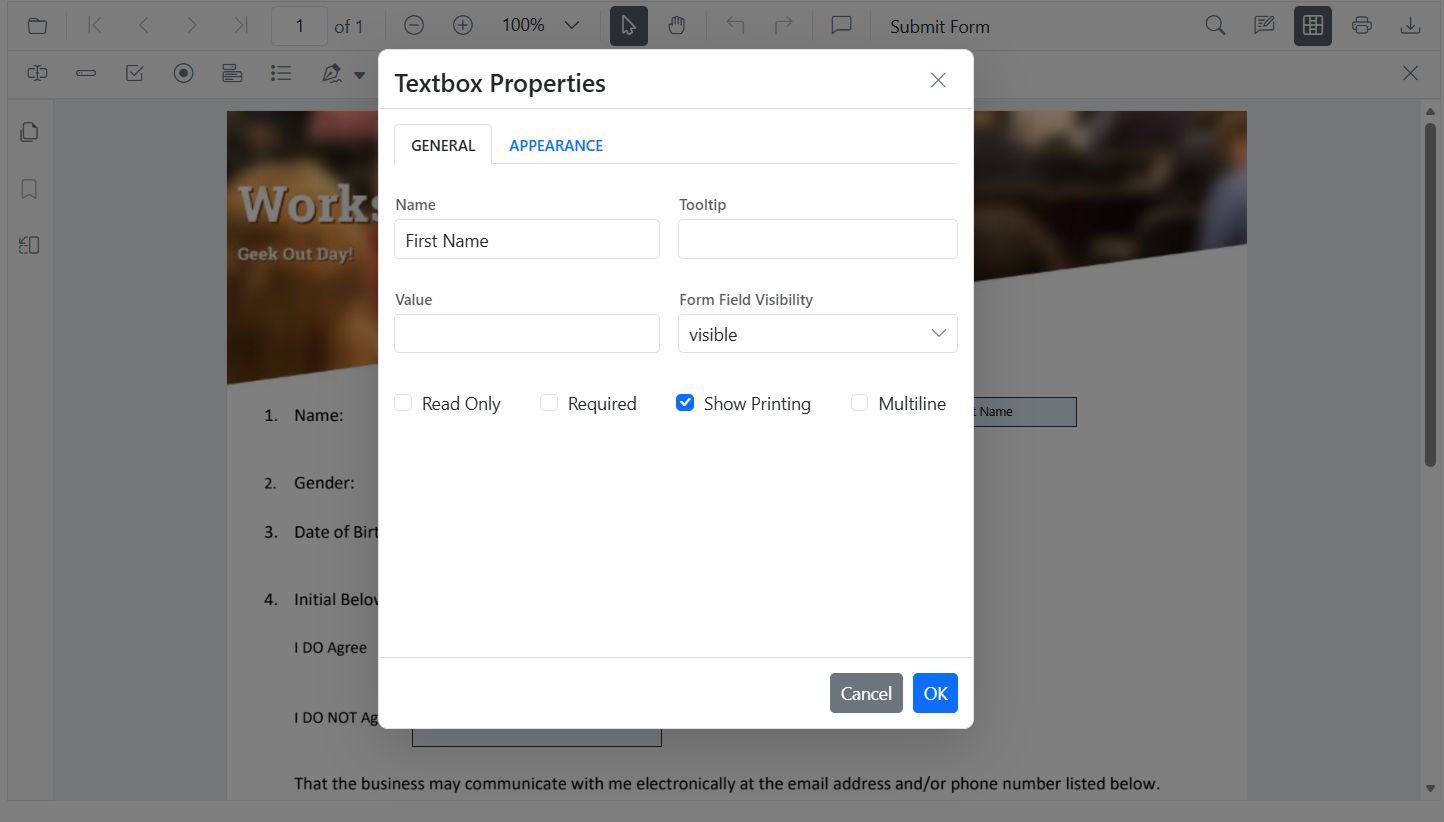 Textbox properties panel showing properties and layout