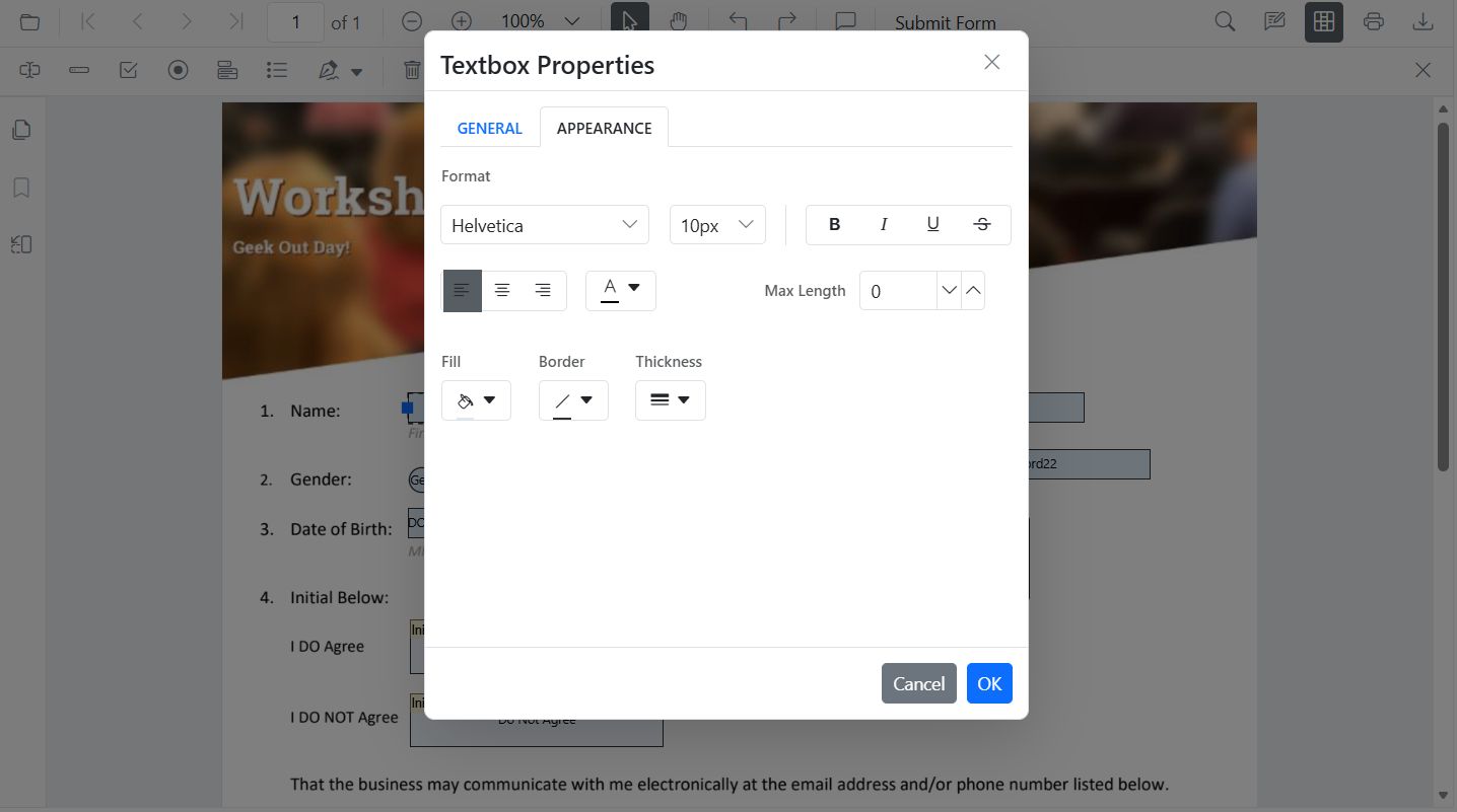 Textbox style from UI showing font, color, and border settings