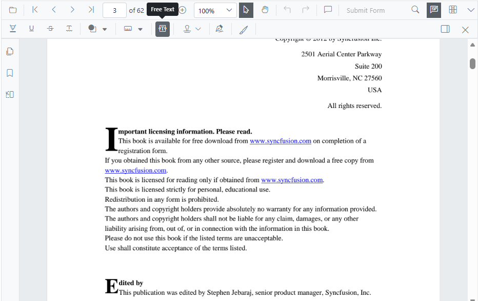 Free Text Annotation in Blazor SfPdfViewer