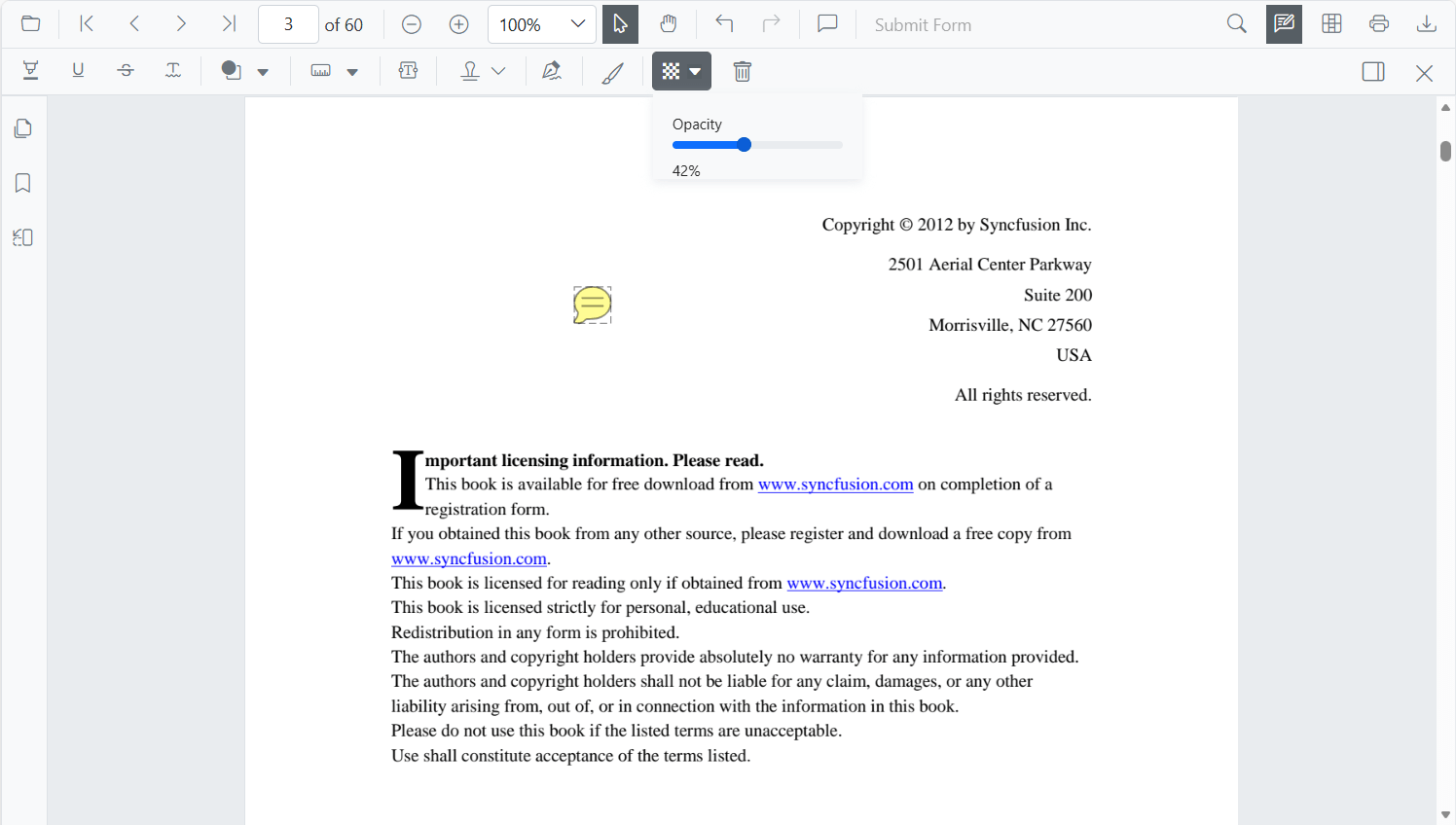 StickyNotes Opacity in Blazor SfPdfViewer