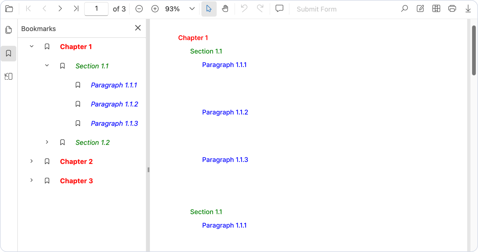 Bookmark panel with styles