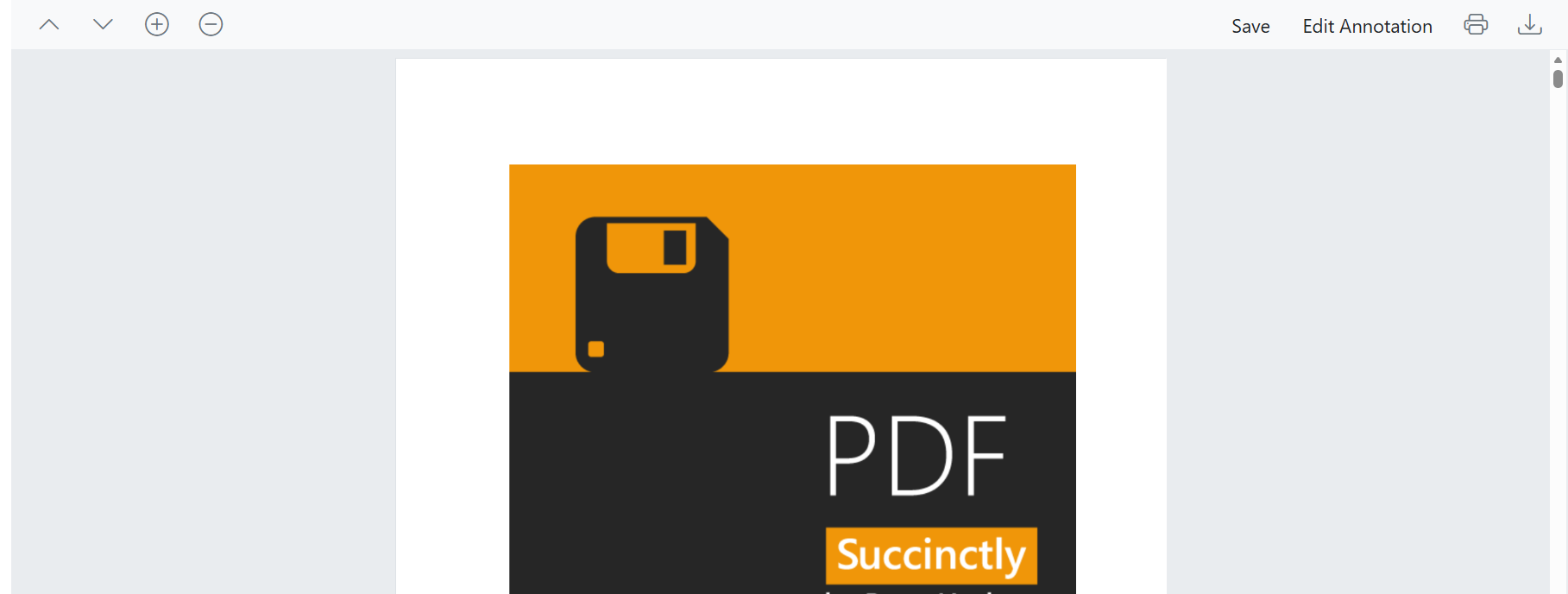 Blazor PDF Viewer with a custom toolbar showing Previous Page, Next Page, Zoom In, Zoom Out, Save, Edit Annotation, Print, and Download buttons