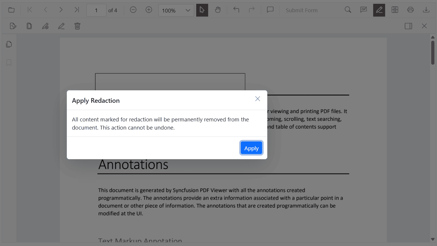 Confirmation dialog for applying redaction