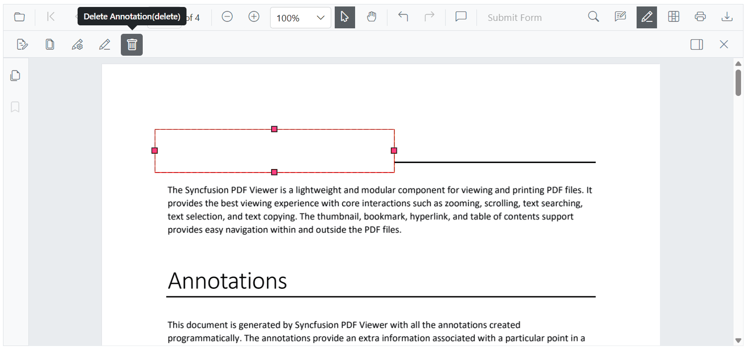 Toolbar showing the Delete command for redaction