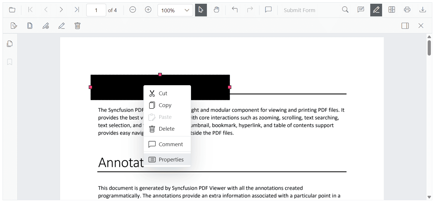 Redaction Property Panel via Context Menu