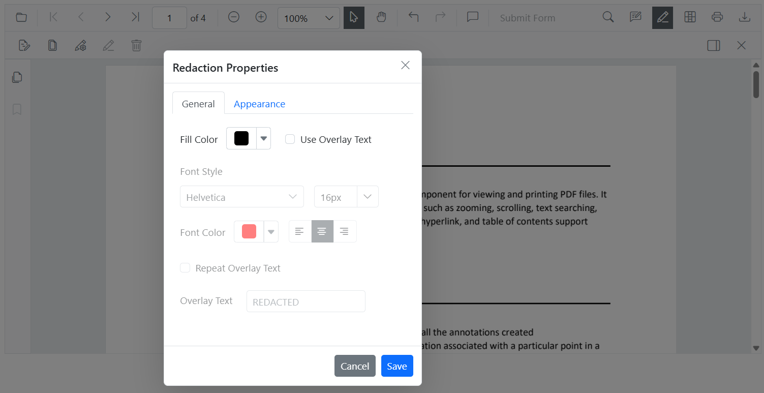 Redaction property panel showing editable options