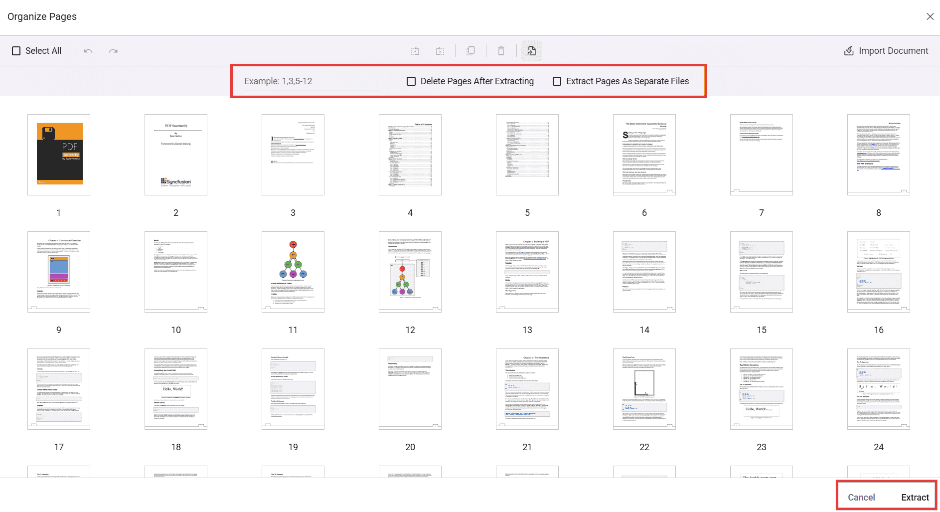 Extract Pages secondary toolbar