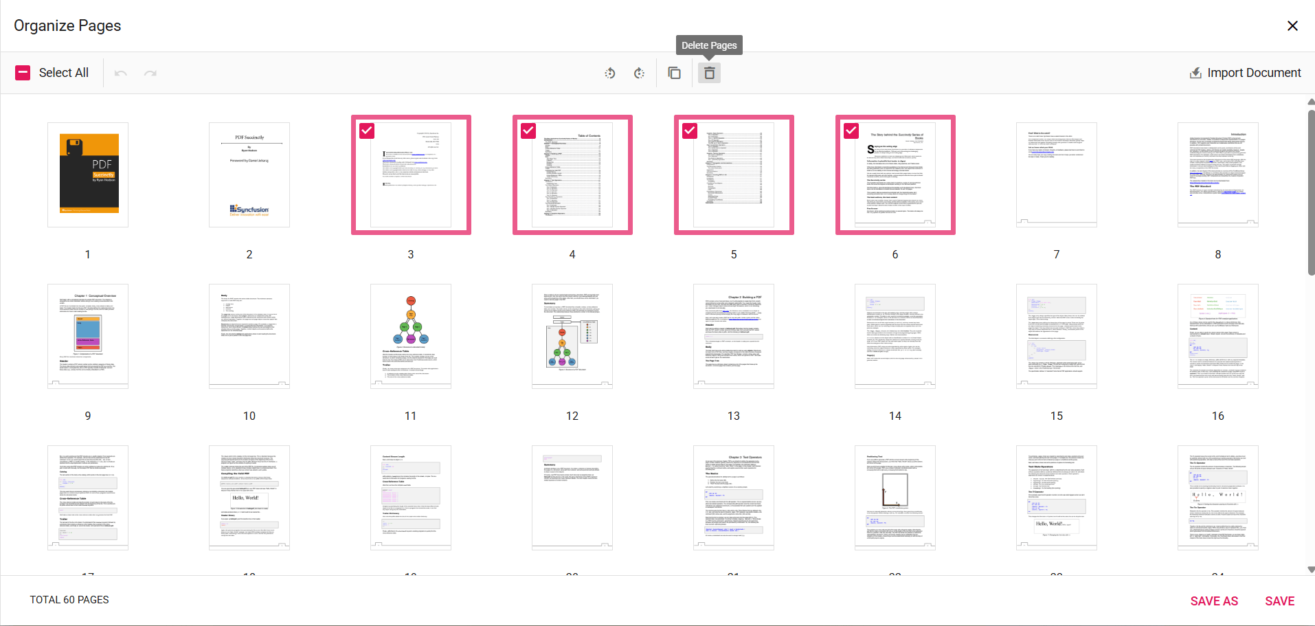 Delete selected page thumbnails