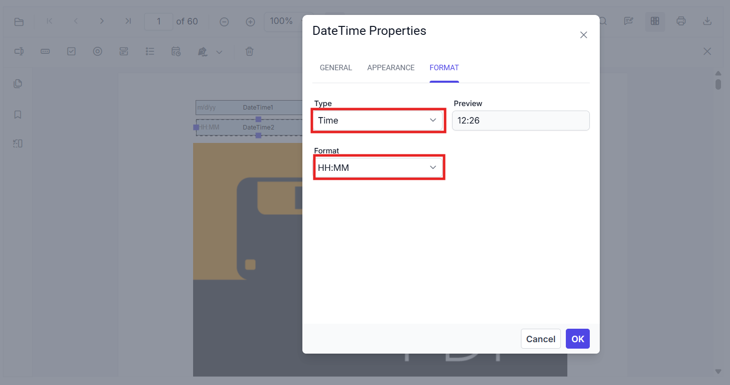 DateTime Picker format settings with type, format, and preview