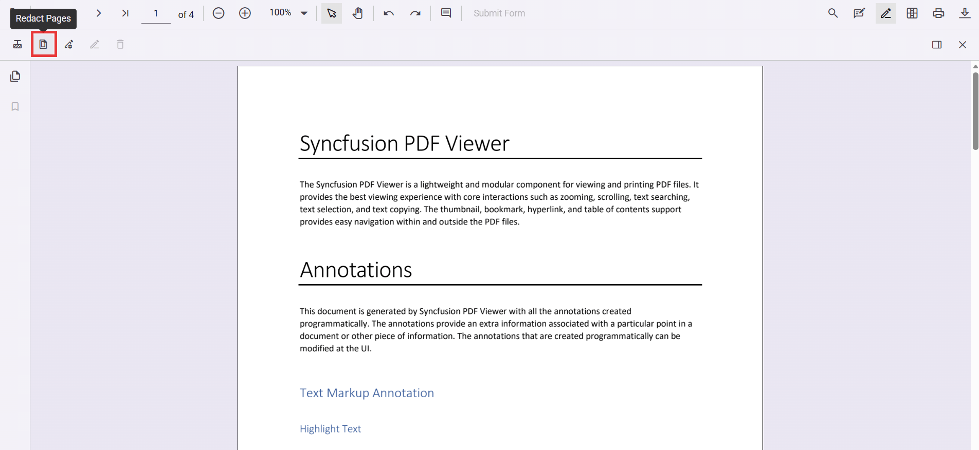 Toolbar showing the Redact Page option