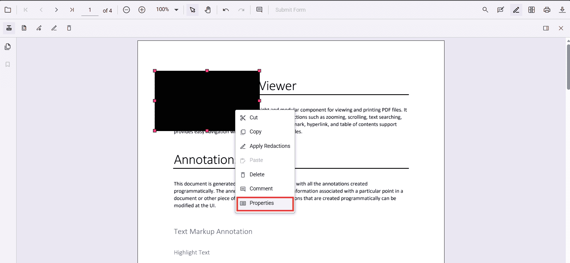 Redaction Property Panel via Context Menu