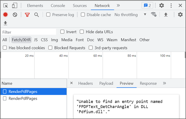 Error information in the Network tab