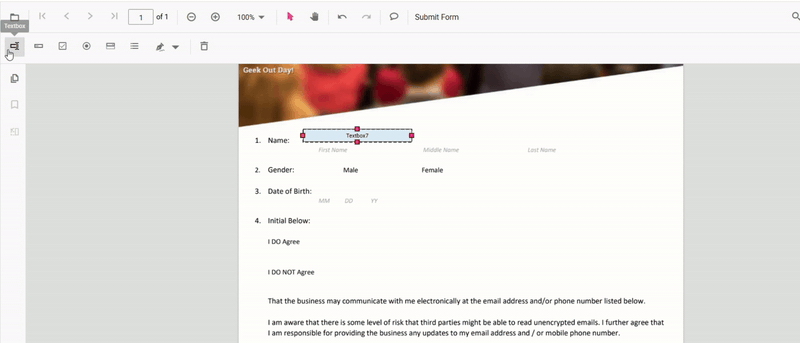 Add a form field using the toolbar