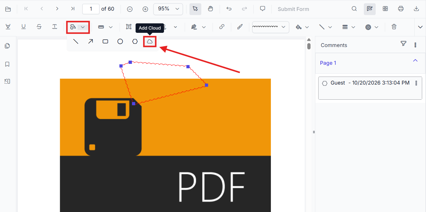 Cloud Annotation tool in the Shape Annotation dropdown