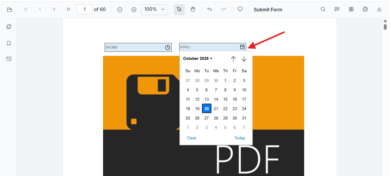 Calendar picker open for a DateTime field