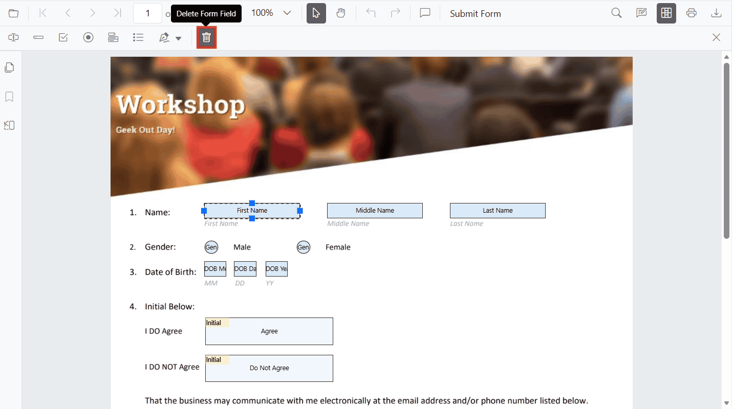 Form Designer toolbar with Delete icon