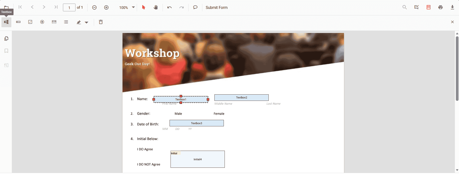 form designer toolbar